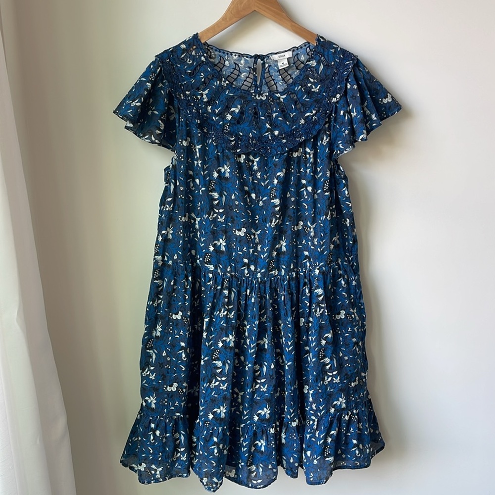 Othilia Anthropologie Dessa Ruffled Mini Dress Blue Floral Print Cotton Size M